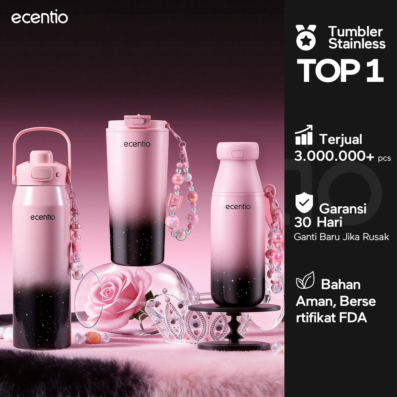 ecentio Tumbler Stainless Portable Botol Minum Aesthetic Anti Bocor 510ml 530ml 1000ml Dingin Tahan Lama 24 Jam Hangat hingga 14 Jam Starry Gradient Series untuk Harian Kantor Sekolah
