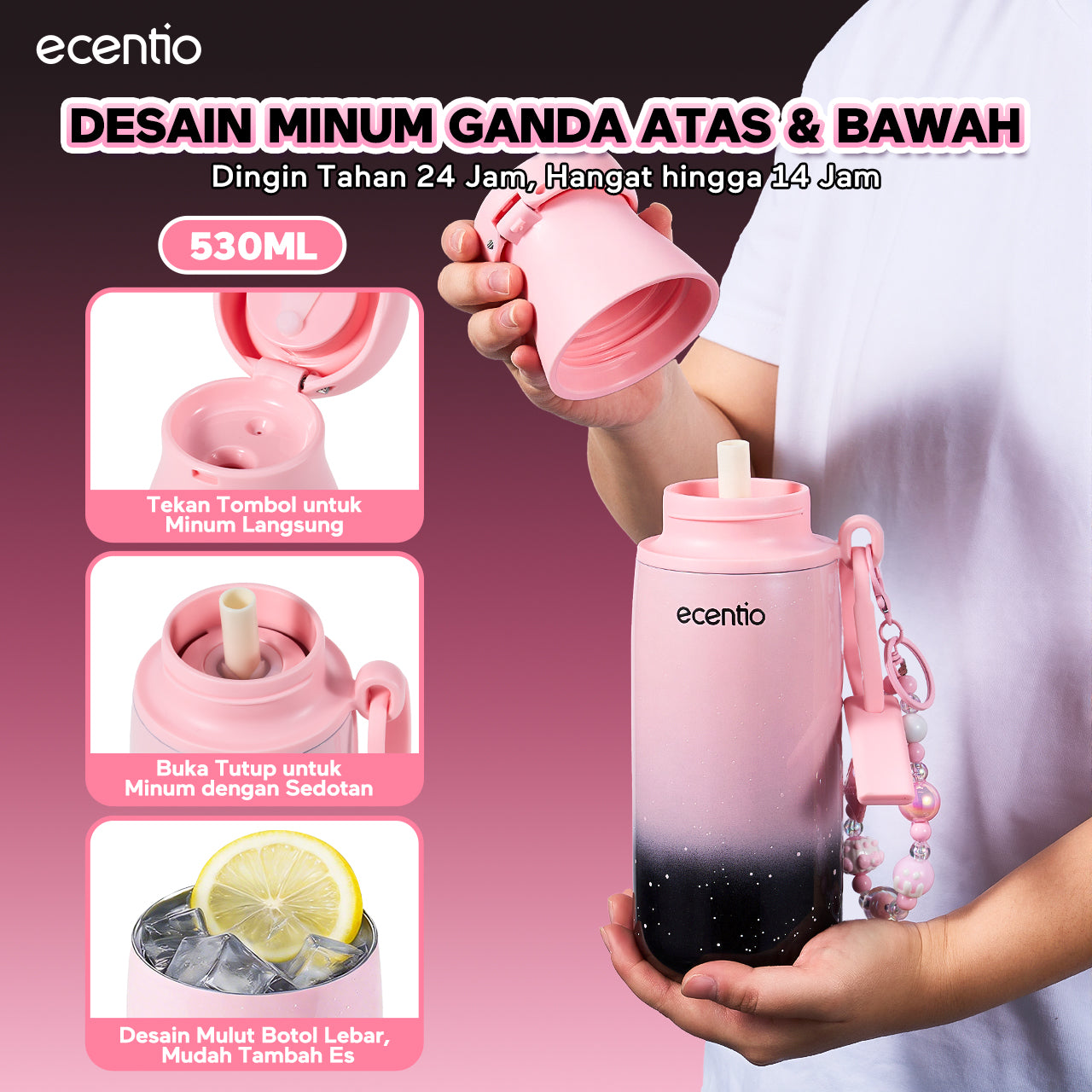 ecentio Tumbler Stainless Portable Botol Minum Aesthetic Anti Bocor 510ml 530ml 1000ml Dingin Tahan Lama 24 Jam Hangat hingga 14 Jam Starry Gradient Series untuk Harian Kantor Sekolah