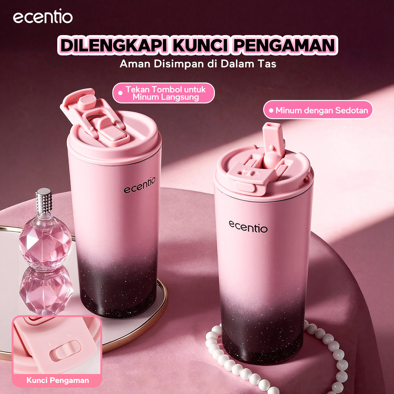 ecentio Tumbler Stainless Portable Botol Minum Aesthetic Anti Bocor 510ml 530ml 1000ml Dingin Tahan Lama 24 Jam Hangat hingga 14 Jam Starry Gradient Series untuk Harian Kantor Sekolah