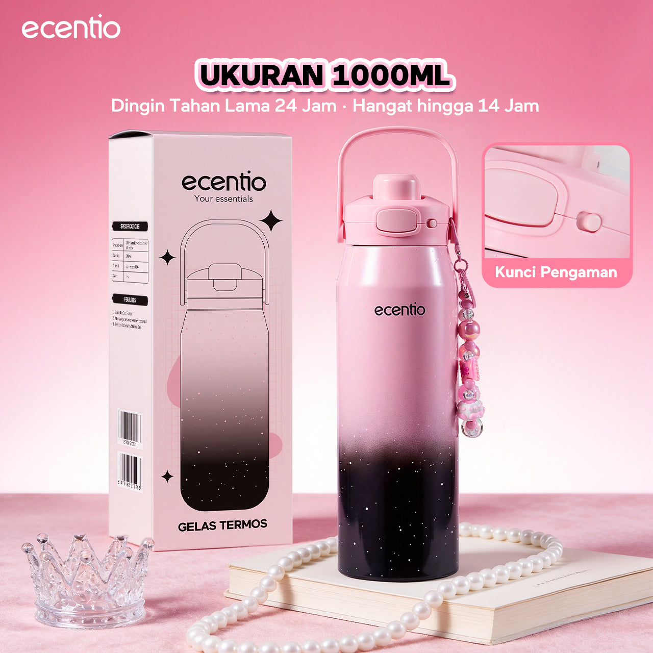 ecentio Tumbler Stainless Portable Botol Minum Aesthetic Anti Bocor 510ml 530ml 1000ml Dingin Tahan Lama 24 Jam Hangat hingga 14 Jam Starry Gradient Series untuk Harian Kantor Sekolah