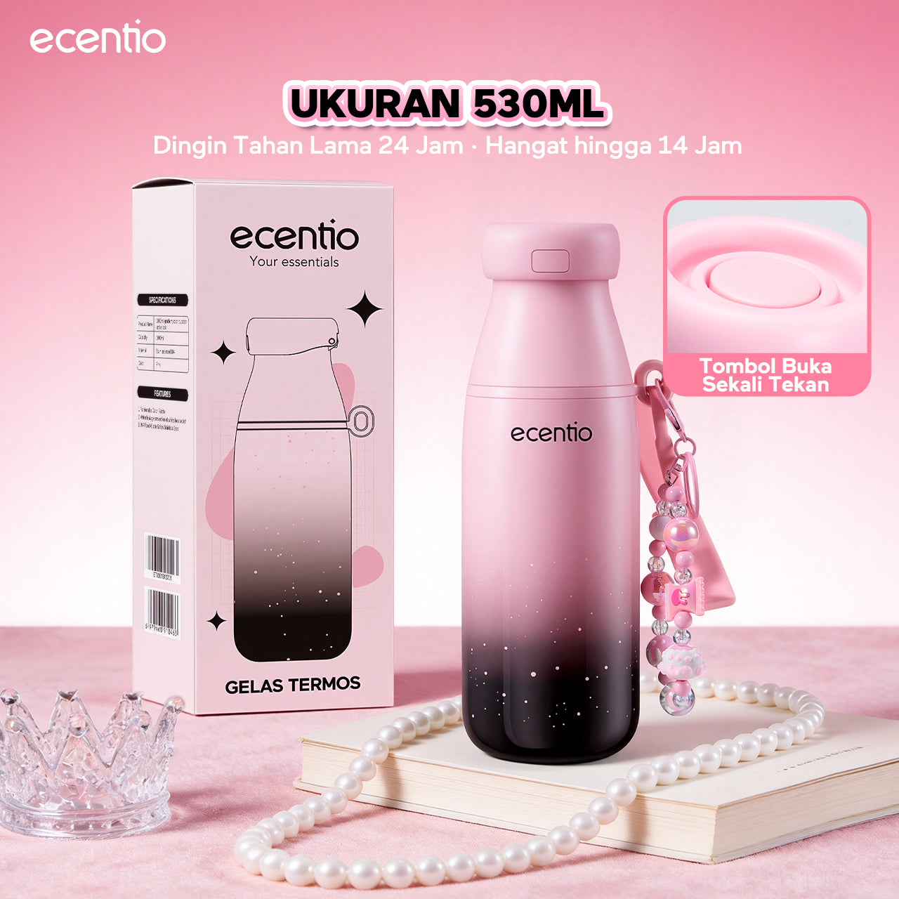 ecentio Tumbler Stainless Portable Botol Minum Aesthetic Anti Bocor 510ml 530ml 1000ml Dingin Tahan Lama 24 Jam Hangat hingga 14 Jam Starry Gradient Series untuk Harian Kantor Sekolah