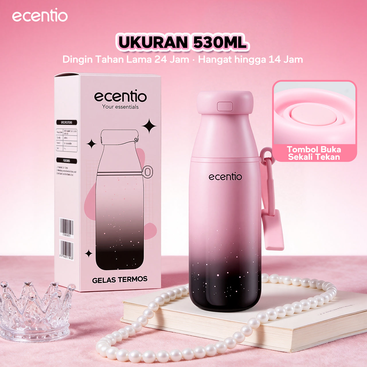 ecentio Tumbler Stainless Portable Botol Minum Aesthetic Anti Bocor 510ml 530ml 1000ml Dingin Tahan Lama 24 Jam Hangat hingga 14 Jam Starry Gradient Series untuk Harian Kantor Sekolah