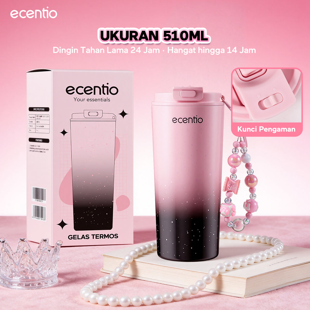 ecentio Tumbler Stainless Portable Botol Minum Aesthetic Anti Bocor 510ml 530ml 1000ml Dingin Tahan Lama 24 Jam Hangat hingga 14 Jam Starry Gradient Series untuk Harian Kantor Sekolah
