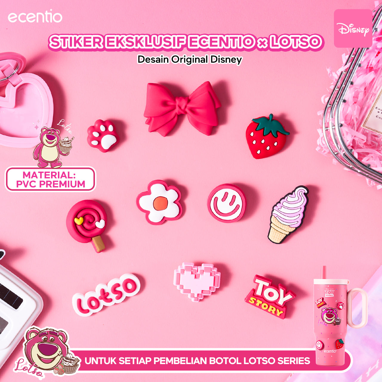 [acc] ecentio stiker Lotso Series PVC Dimensi 3D - Tahan Air Tidak Mudah Luntur Cetakan Tajam 10 Motif Lucu Tempel Dimana Saja untuk Botol HP Dekorasi