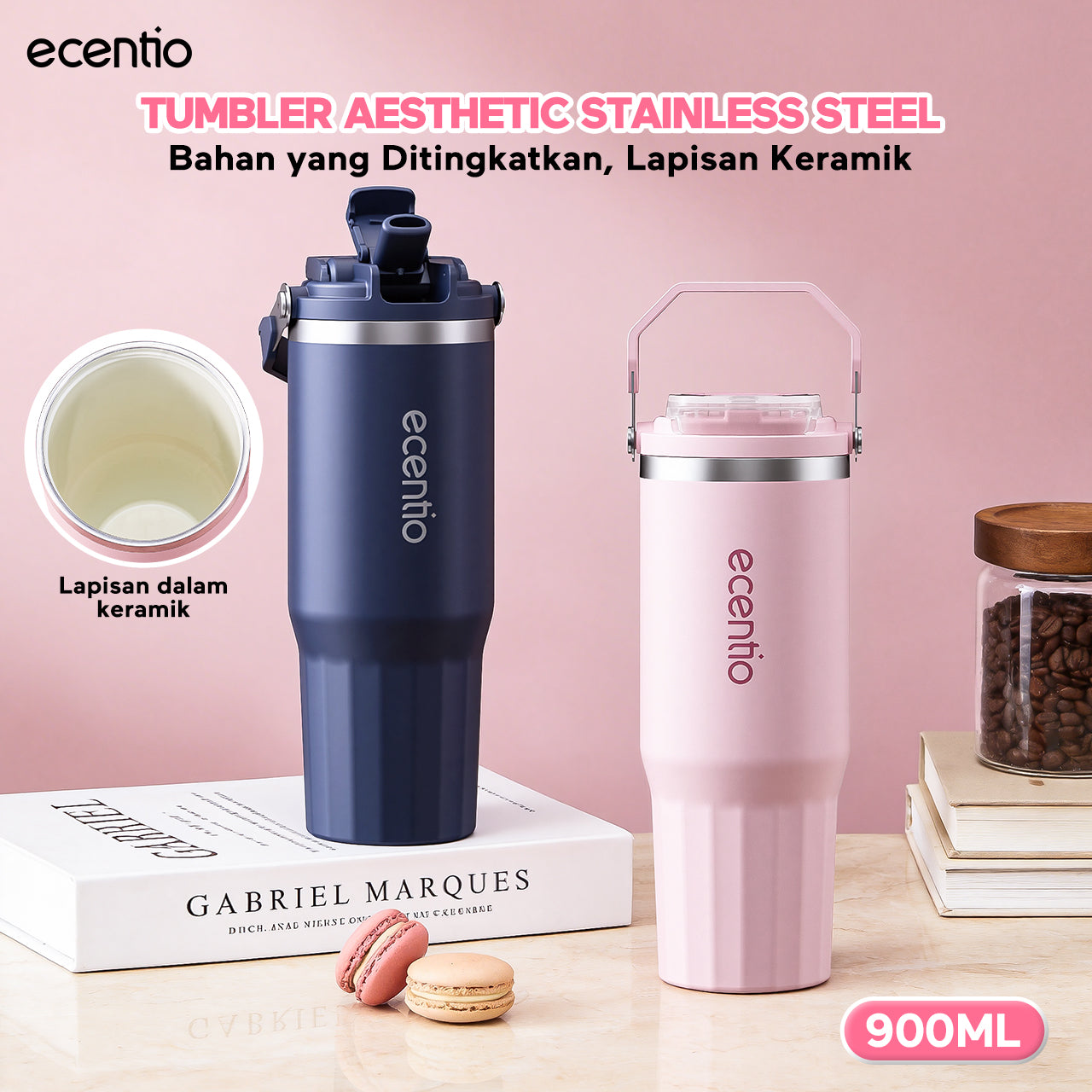 ecentio tumbler klasik 900ml stainless steel bahan ditingkatkan lapisan keramik mug mobil dengan pegangan tahan korosi mudah dibersihkan higienis jaga suhu dingin 24 jam hangat 14 jam untuk aktivitas harian