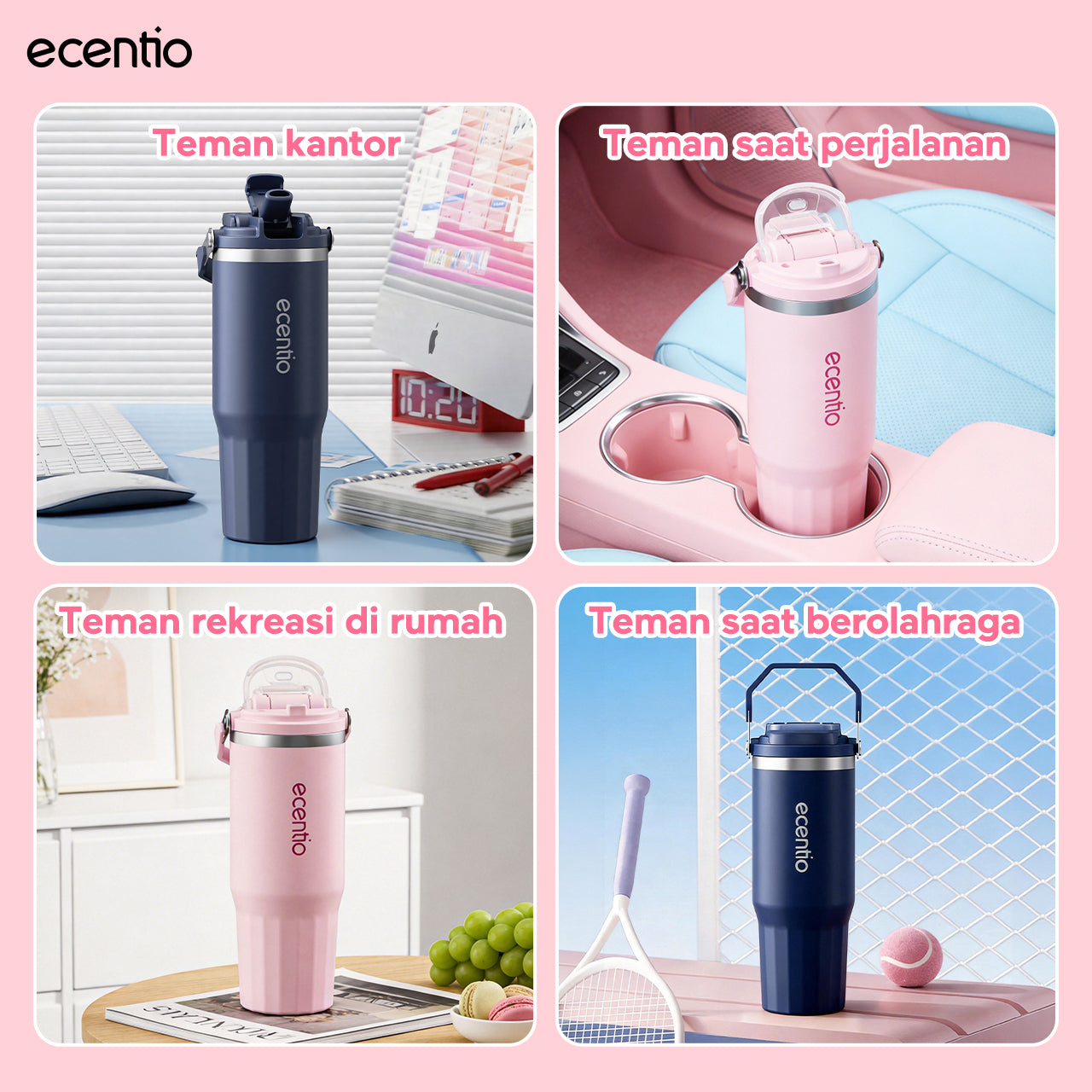 ecentio tumbler klasik 900ml stainless steel bahan ditingkatkan lapisan keramik mug mobil dengan pegangan tahan korosi mudah dibersihkan higienis jaga suhu dingin 24 jam hangat 14 jam untuk aktivitas harian