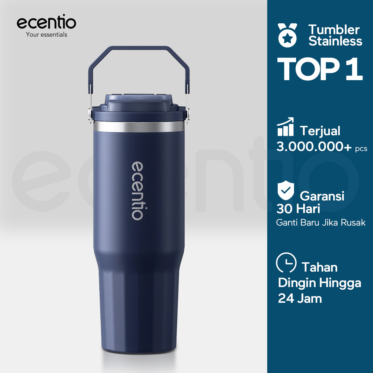 ecentio tumbler klasik 900ml stainless steel bahan ditingkatkan lapisan keramik mug mobil dengan pegangan tahan korosi mudah dibersihkan higienis jaga suhu dingin 24 jam hangat 14 jam untuk aktivitas harian