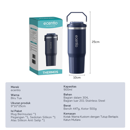 ecentio tumbler klasik 900ml stainless steel bahan ditingkatkan lapisan keramik mug mobil dengan pegangan tahan korosi mudah dibersihkan higienis jaga suhu dingin 24 jam hangat 14 jam untuk aktivitas harian