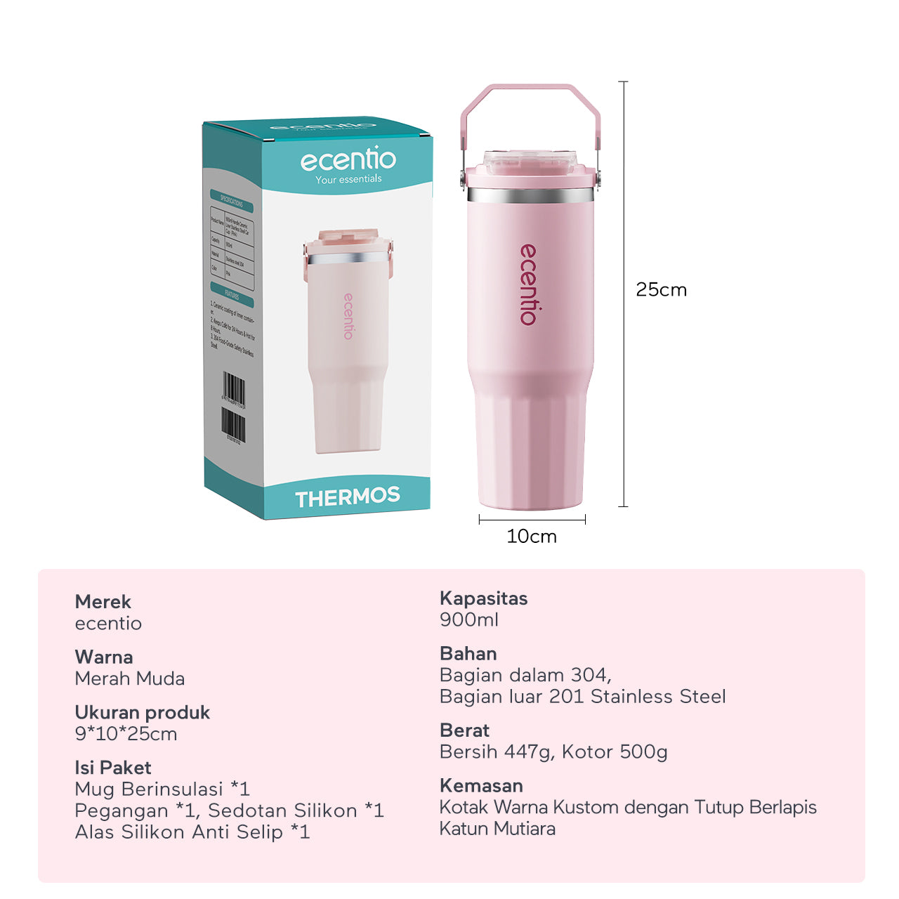 ecentio tumbler klasik 900ml stainless steel bahan ditingkatkan lapisan keramik mug mobil dengan pegangan tahan korosi mudah dibersihkan higienis jaga suhu dingin 24 jam hangat 14 jam untuk aktivitas harian