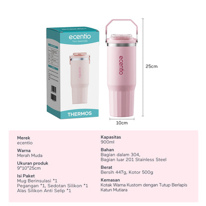 ecentio tumbler klasik 900ml stainless steel bahan ditingkatkan lapisan keramik mug mobil dengan pegangan tahan korosi mudah dibersihkan higienis jaga suhu dingin 24 jam hangat 14 jam untuk aktivitas harian