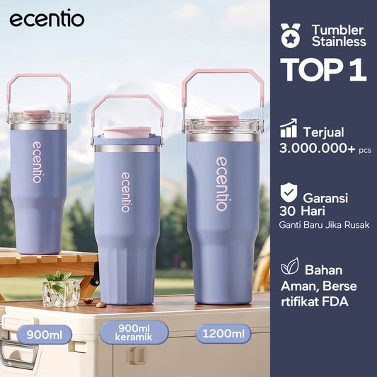 【Pre order】ecentio Tumbler Stainless & keramik 900ml/1200ml Portable Thermos Botol Minum Besar Tahan Panas Dingin 24 Jam Aesthetic Lucu Termos Air Panas Kopi Dengan Sedotan Cocok Untuk Sekolah Anak Laki-Laki
