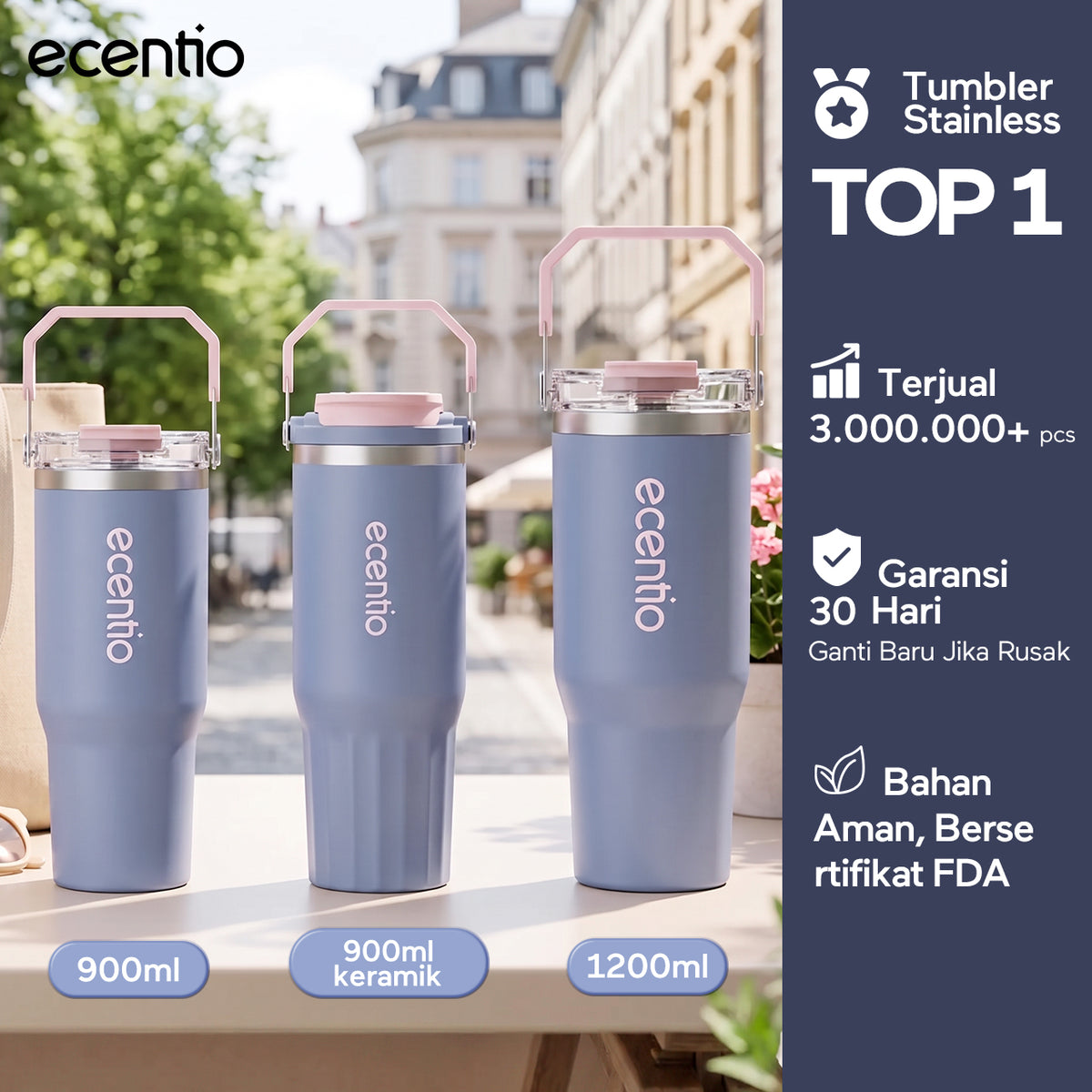 【Pre order】ecentio Tumbler Stainless & keramik 900ml/1200ml Portable Thermos Botol Minum Besar Tahan Panas Dingin 24 Jam Aesthetic Lucu Termos Air Panas Kopi Dengan Sedotan Cocok Untuk Sekolah Anak Laki-Laki