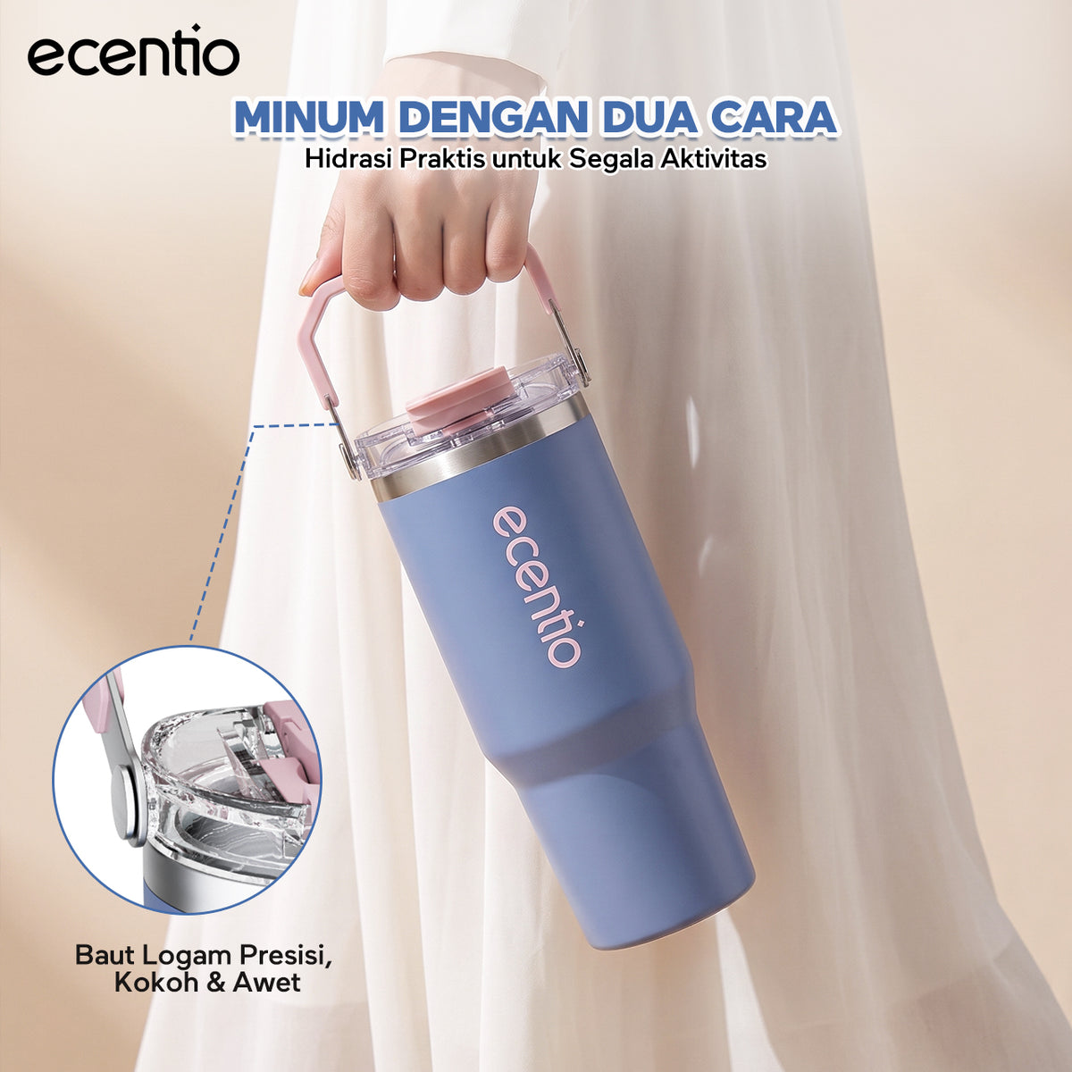 【Pre order】ecentio Tumbler Stainless & keramik 900ml/1200ml Portable Thermos Botol Minum Besar Tahan Panas Dingin 24 Jam Aesthetic Lucu Termos Air Panas Kopi Dengan Sedotan Cocok Untuk Sekolah Anak Laki-Laki