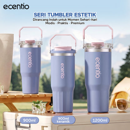【Pre order】ecentio Tumbler Stainless & keramik 900ml/1200ml Portable Thermos Botol Minum Besar Tahan Panas Dingin 24 Jam Aesthetic Lucu Termos Air Panas Kopi Dengan Sedotan Cocok Untuk Sekolah Anak Laki-Laki