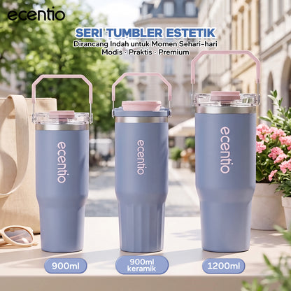 【Pre order】ecentio Tumbler Stainless & keramik 900ml/1200ml Portable Thermos Botol Minum Besar Tahan Panas Dingin 24 Jam Aesthetic Lucu Termos Air Panas Kopi Dengan Sedotan Cocok Untuk Sekolah Anak Laki-Laki