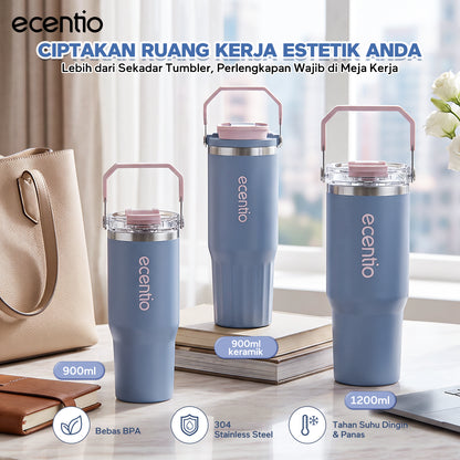 【Pre order】ecentio Tumbler Stainless & keramik 900ml/1200ml Portable Thermos Botol Minum Besar Tahan Panas Dingin 24 Jam Aesthetic Lucu Termos Air Panas Kopi Dengan Sedotan Cocok Untuk Sekolah Anak Laki-Laki