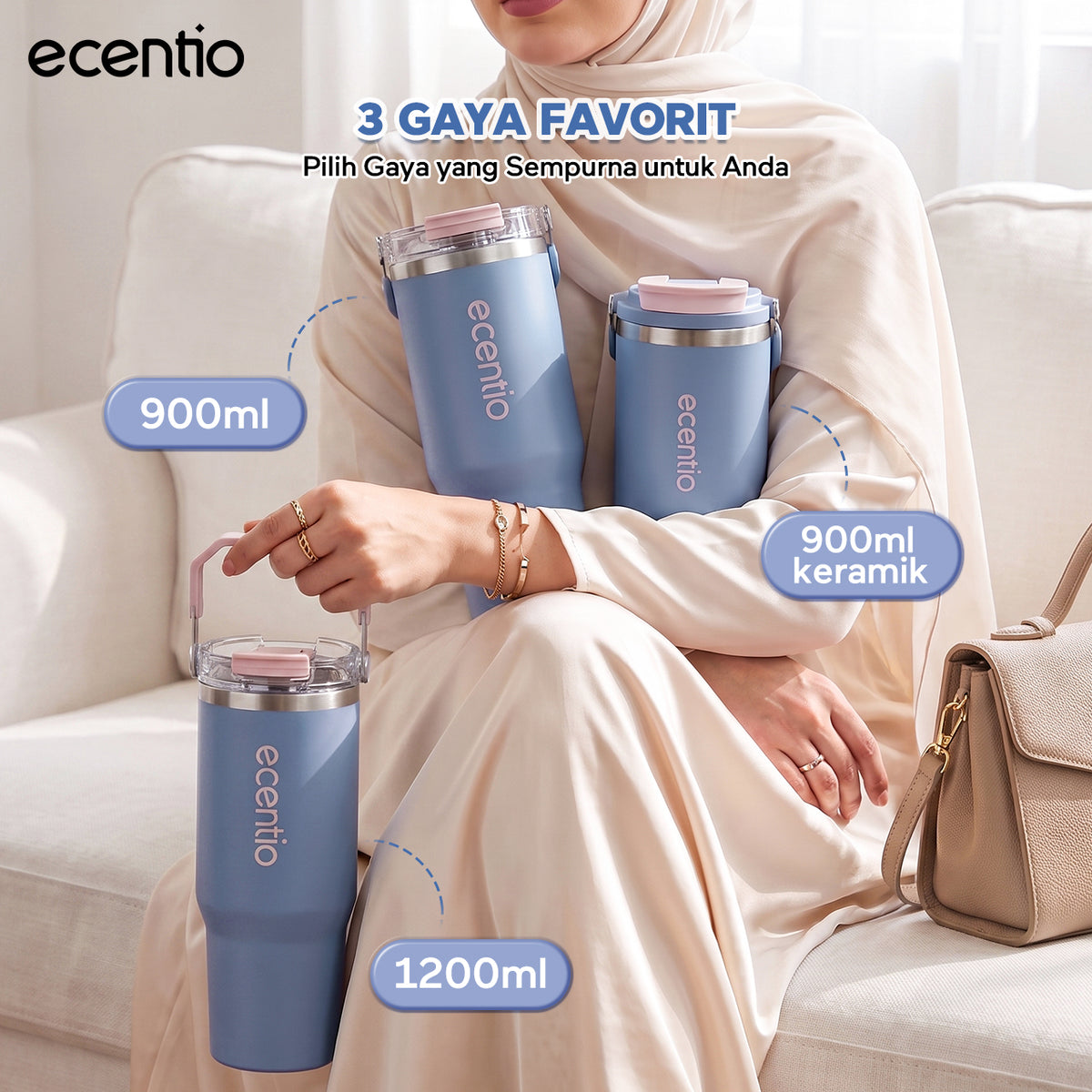 【Pre order】ecentio Tumbler Stainless & keramik 900ml/1200ml Portable Thermos Botol Minum Besar Tahan Panas Dingin 24 Jam Aesthetic Lucu Termos Air Panas Kopi Dengan Sedotan Cocok Untuk Sekolah Anak Laki-Laki