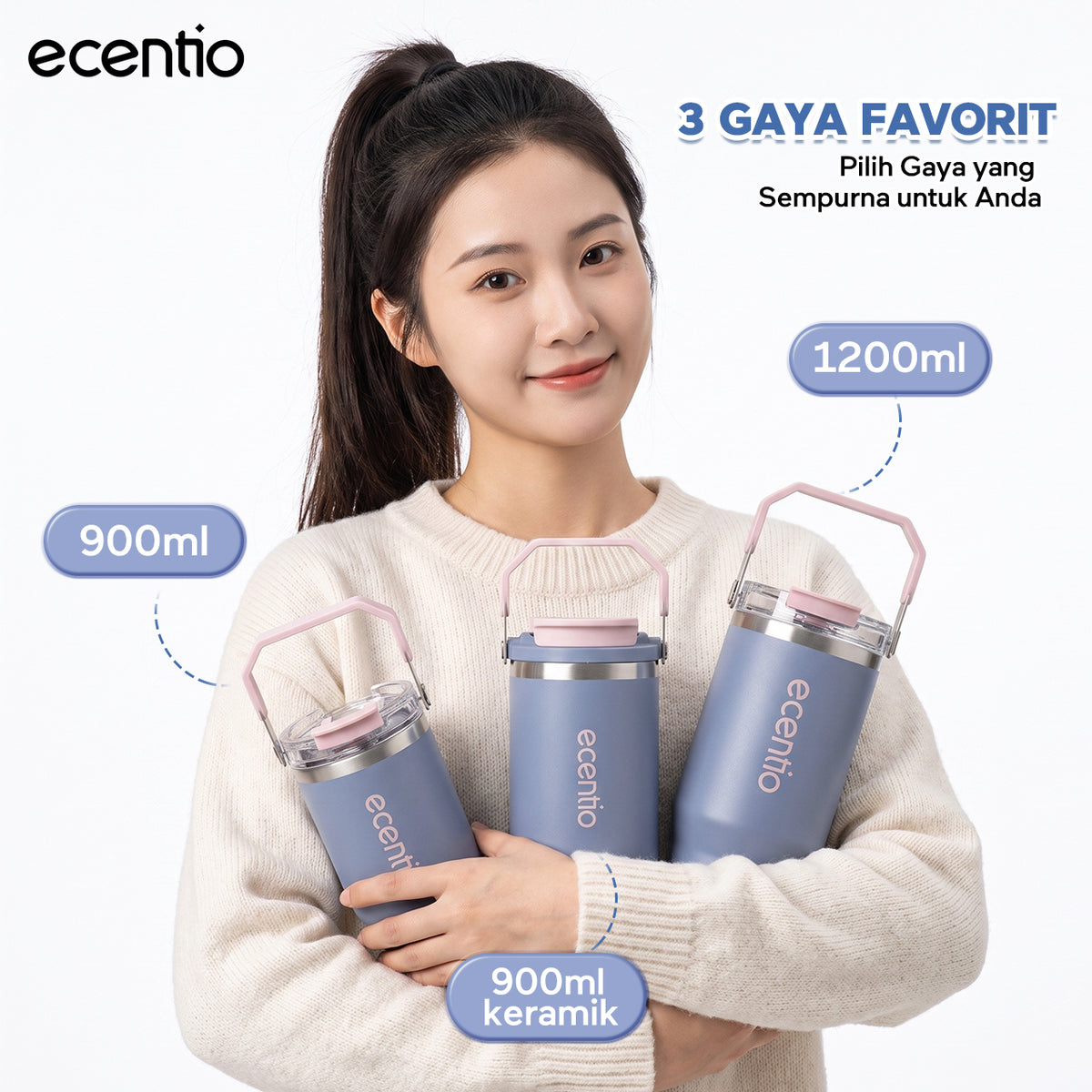 【Pre order】ecentio Tumbler Stainless & keramik 900ml/1200ml Portable Thermos Botol Minum Besar Tahan Panas Dingin 24 Jam Aesthetic Lucu Termos Air Panas Kopi Dengan Sedotan Cocok Untuk Sekolah Anak Laki-Laki