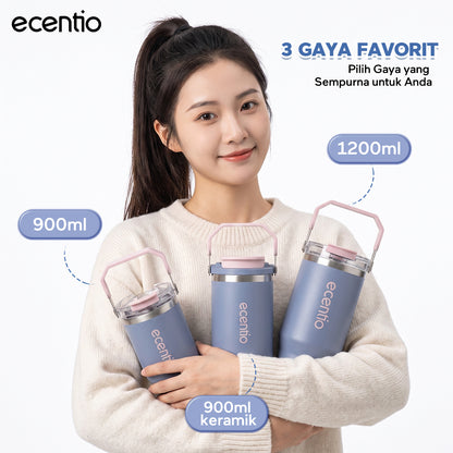 【Pre order】ecentio Tumbler Stainless & keramik 900ml/1200ml Portable Thermos Botol Minum Besar Tahan Panas Dingin 24 Jam Aesthetic Lucu Termos Air Panas Kopi Dengan Sedotan Cocok Untuk Sekolah Anak Laki-Laki