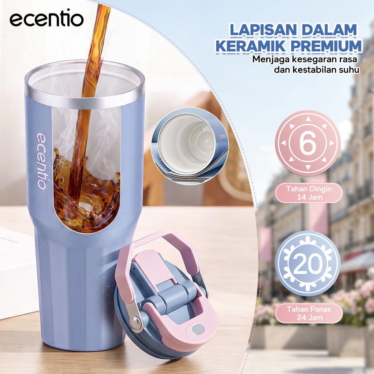 【Pre order】ecentio Tumbler Stainless & keramik 900ml/1200ml Portable Thermos Botol Minum Besar Tahan Panas Dingin 24 Jam Aesthetic Lucu Termos Air Panas Kopi Dengan Sedotan Cocok Untuk Sekolah Anak Laki-Laki