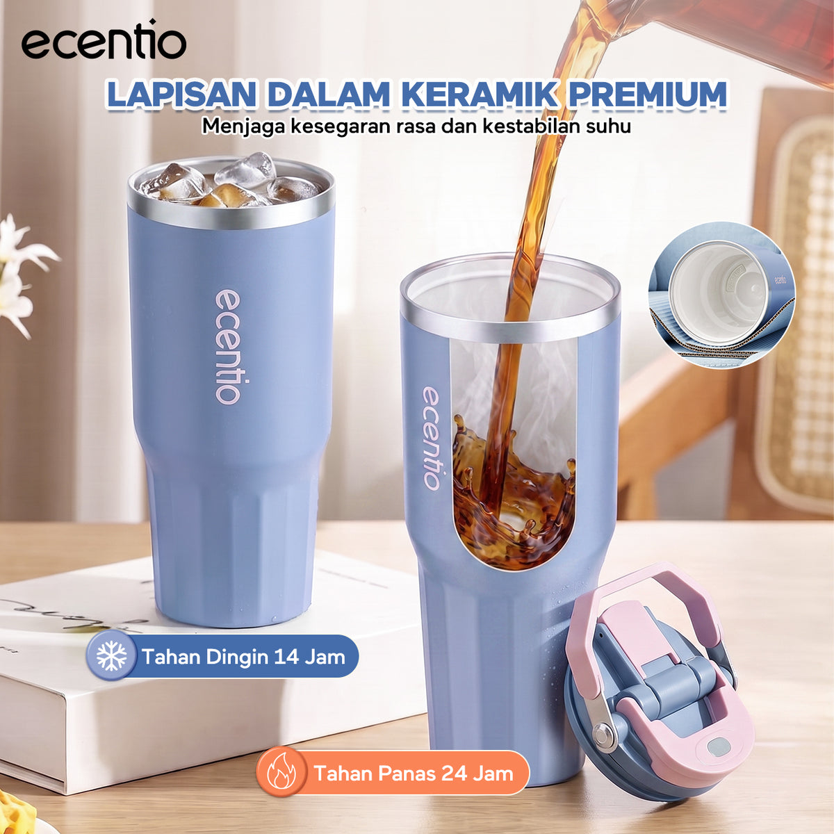 【Pre order】ecentio Tumbler Stainless & keramik 900ml/1200ml Portable Thermos Botol Minum Besar Tahan Panas Dingin 24 Jam Aesthetic Lucu Termos Air Panas Kopi Dengan Sedotan Cocok Untuk Sekolah Anak Laki-Laki