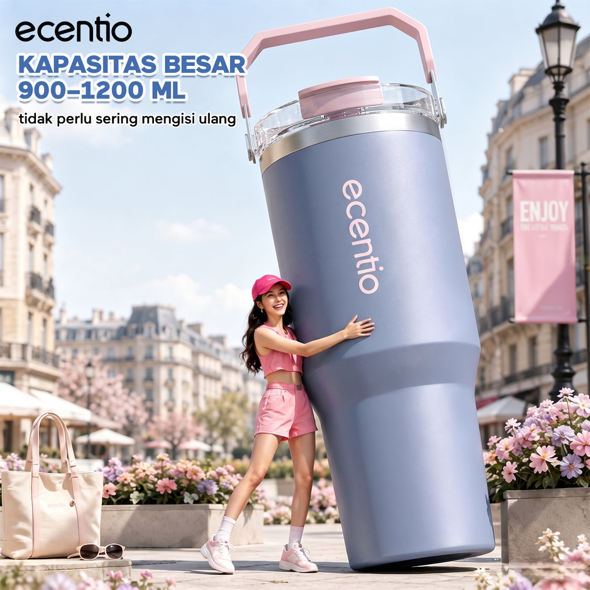 【Pre order】ecentio Tumbler Stainless & keramik 900ml/1200ml Portable Thermos Botol Minum Besar Tahan Panas Dingin 24 Jam Aesthetic Lucu Termos Air Panas Kopi Dengan Sedotan Cocok Untuk Sekolah Anak Laki-Laki