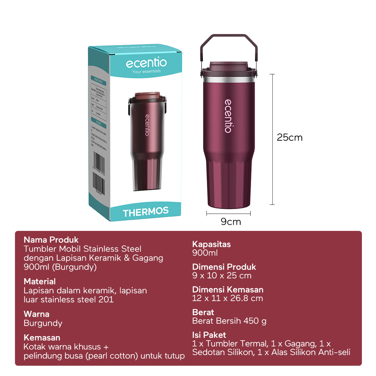 [Burgundy Series] ecentio Tumbler 530ml/900ml Desain Minimalis Elegan Botol Minum Portable Aesthetic Lucu Thermos Tahan Panas Dingin 24 Jam Anti Bocor Premium Sedotan Cocok Untuk Sekolah Anak Laki-Laki