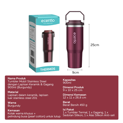 [Burgundy Series] ecentio Tumbler 530ml/900ml Desain Minimalis Elegan Botol Minum Portable Aesthetic Lucu Thermos Tahan Panas Dingin 24 Jam Anti Bocor Premium Sedotan Cocok Untuk Sekolah Anak Laki-Laki