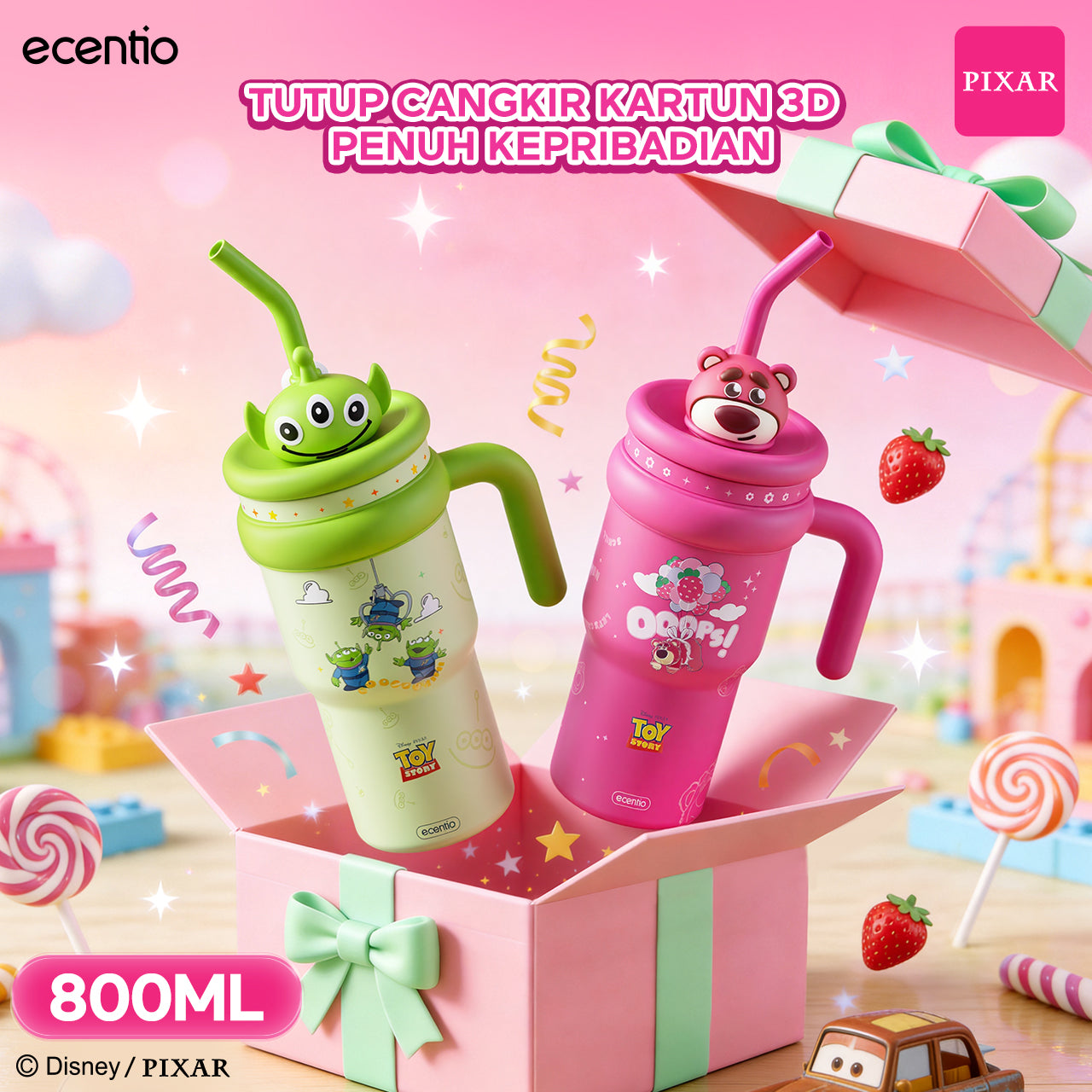 Pre-Order [Toy story series] ecentio tumbler stainless 316 aesthetic 800ml/670ml/500ml Portable Thermos Botol Minum Besar Dengan Tas Tahan Panas Dingin 24 Jam Aesthetic Lucu Termos Air Panas Kopi Dengan Sedotan Cocok Untuk Sekolah Anak Laki-Laki