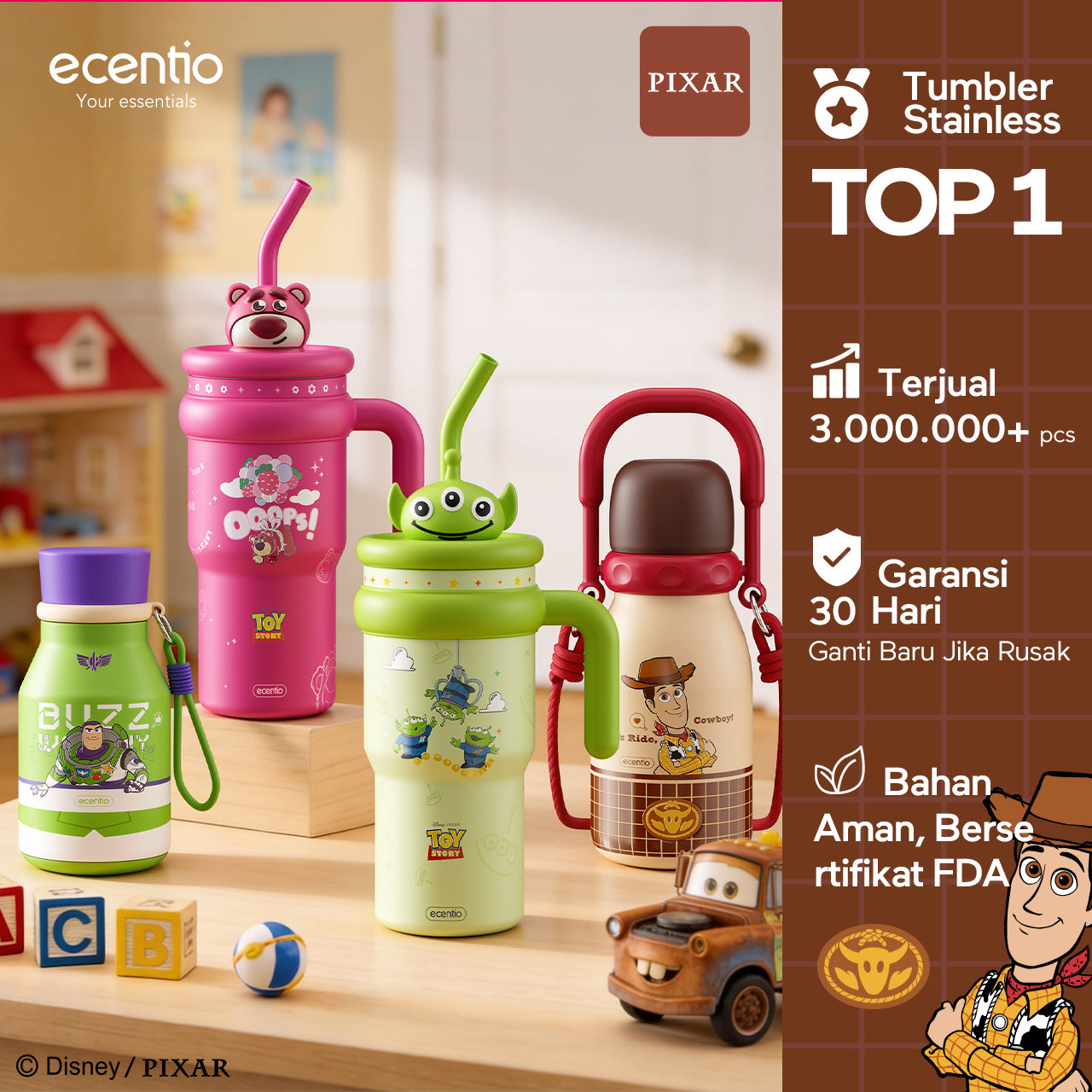 Pre-Order [Toy story series] ecentio tumbler stainless 316 aesthetic 800ml/670ml/500ml Portable Thermos Botol Minum Besar Dengan Tas Tahan Panas Dingin 24 Jam Aesthetic Lucu Termos Air Panas Kopi Dengan Sedotan Cocok Untuk Sekolah Anak Laki-Laki