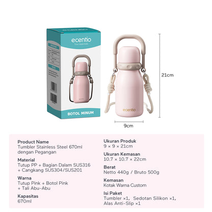 [Seri Dusty Blush Garden] ecentio Tumbler Stainless 304 Aesthetic 670ml/900ml/1200ml Portable Thermos Botol Minum Besar Dengan Tas Tahan Panas Dingin 24 Jam Aesthetic Lucu Termos Air Panas Kopi Dengan Sedotan Cocok Untuk Sekolah Anak Laki-Laki