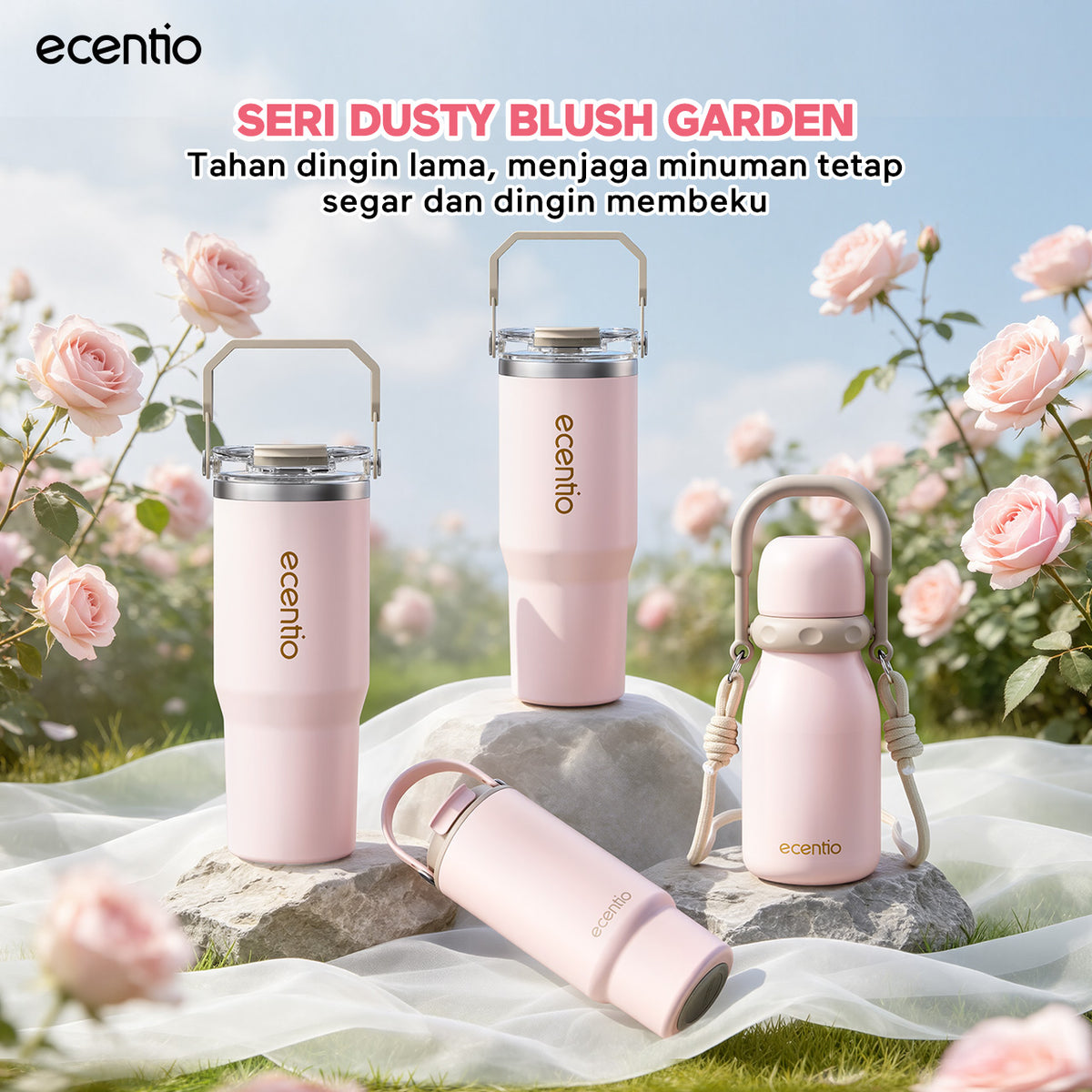 [Seri Dusty Blush Garden] ecentio Tumbler Stainless 304 Aesthetic 670ml/900ml/1200ml Portable Thermos Botol Minum Besar Dengan Tas Tahan Panas Dingin 24 Jam Aesthetic Lucu Termos Air Panas Kopi Dengan Sedotan Cocok Untuk Sekolah Anak Laki-Laki