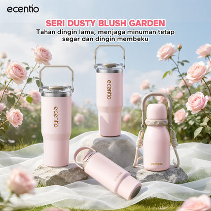 [Seri Dusty Blush Garden] ecentio Tumbler Stainless 304 Aesthetic 670ml/900ml/1200ml Portable Thermos Botol Minum Besar Dengan Tas Tahan Panas Dingin 24 Jam Aesthetic Lucu Termos Air Panas Kopi Dengan Sedotan Cocok Untuk Sekolah Anak Laki-Laki