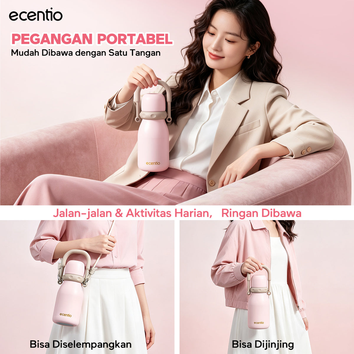 [Seri Dusty Blush Garden] ecentio Tumbler Stainless 304 Aesthetic 670ml/900ml/1200ml Portable Thermos Botol Minum Besar Dengan Tas Tahan Panas Dingin 24 Jam Aesthetic Lucu Termos Air Panas Kopi Dengan Sedotan Cocok Untuk Sekolah Anak Laki-Laki