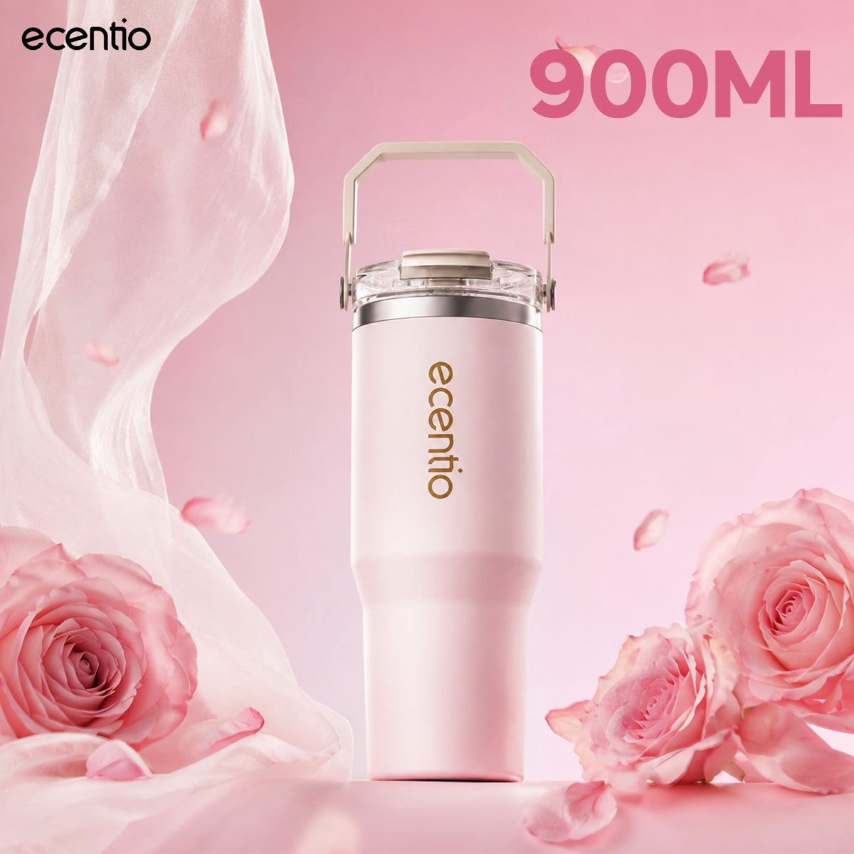 [Seri Dusty Blush Garden] ecentio Tumbler Stainless 304 Aesthetic 670ml/900ml/1200ml Portable Thermos Botol Minum Besar Dengan Tas Tahan Panas Dingin 24 Jam Aesthetic Lucu Termos Air Panas Kopi Dengan Sedotan Cocok Untuk Sekolah Anak Laki-Laki