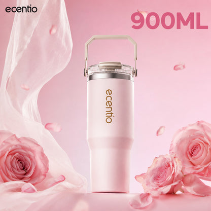 [Seri Dusty Blush Garden] ecentio Tumbler Stainless 304 Aesthetic 670ml/900ml/1200ml Portable Thermos Botol Minum Besar Dengan Tas Tahan Panas Dingin 24 Jam Aesthetic Lucu Termos Air Panas Kopi Dengan Sedotan Cocok Untuk Sekolah Anak Laki-Laki