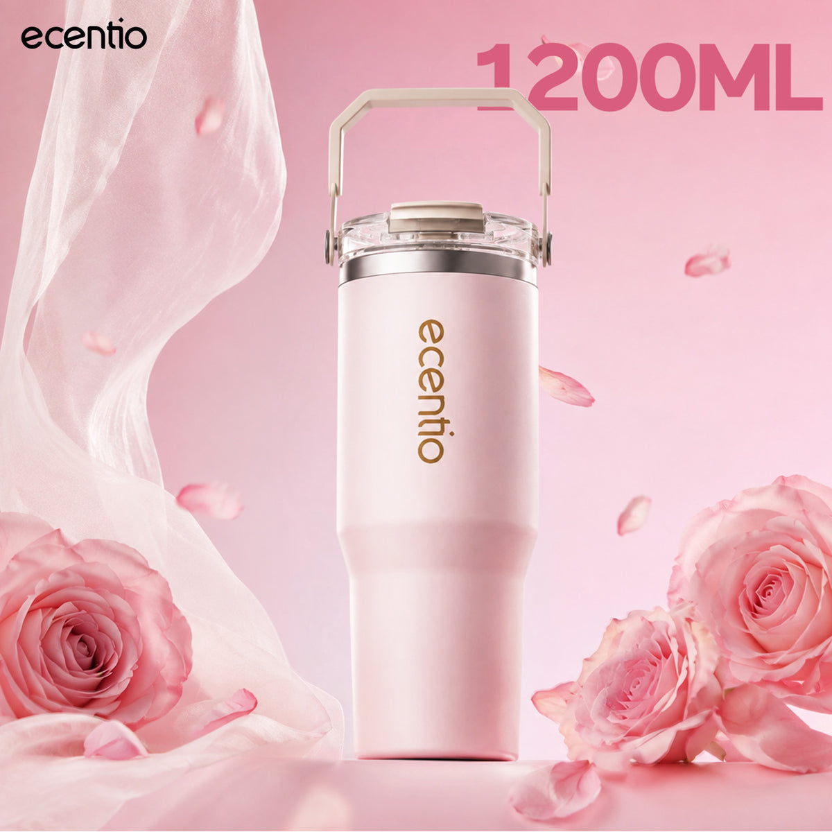 [Seri Dusty Blush Garden] ecentio Tumbler Stainless 304 Aesthetic 670ml/900ml/1200ml Portable Thermos Botol Minum Besar Dengan Tas Tahan Panas Dingin 24 Jam Aesthetic Lucu Termos Air Panas Kopi Dengan Sedotan Cocok Untuk Sekolah Anak Laki-Laki