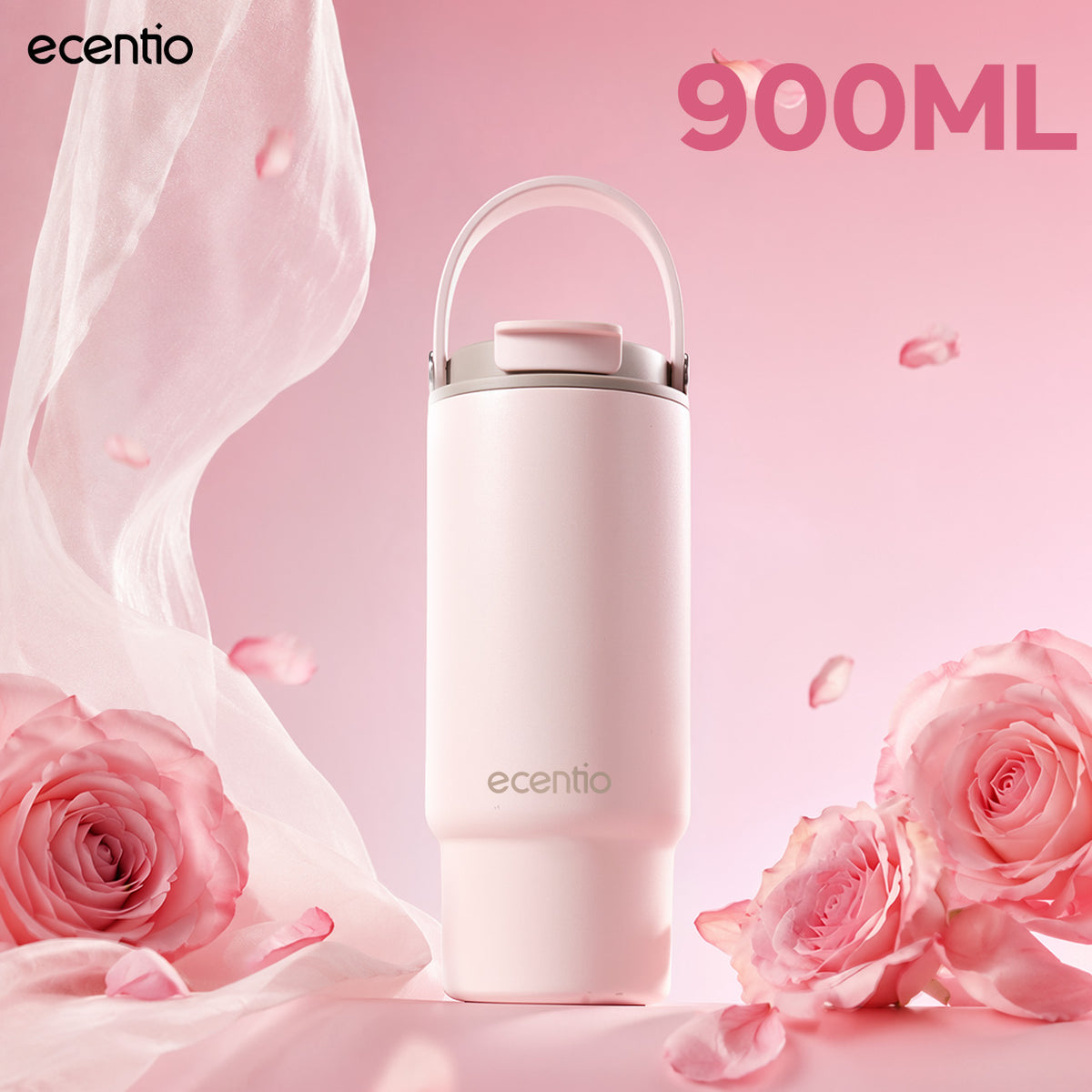 [Seri Dusty Blush Garden] ecentio Tumbler Stainless 304 Aesthetic 670ml/900ml/1200ml Portable Thermos Botol Minum Besar Dengan Tas Tahan Panas Dingin 24 Jam Aesthetic Lucu Termos Air Panas Kopi Dengan Sedotan Cocok Untuk Sekolah Anak Laki-Laki
