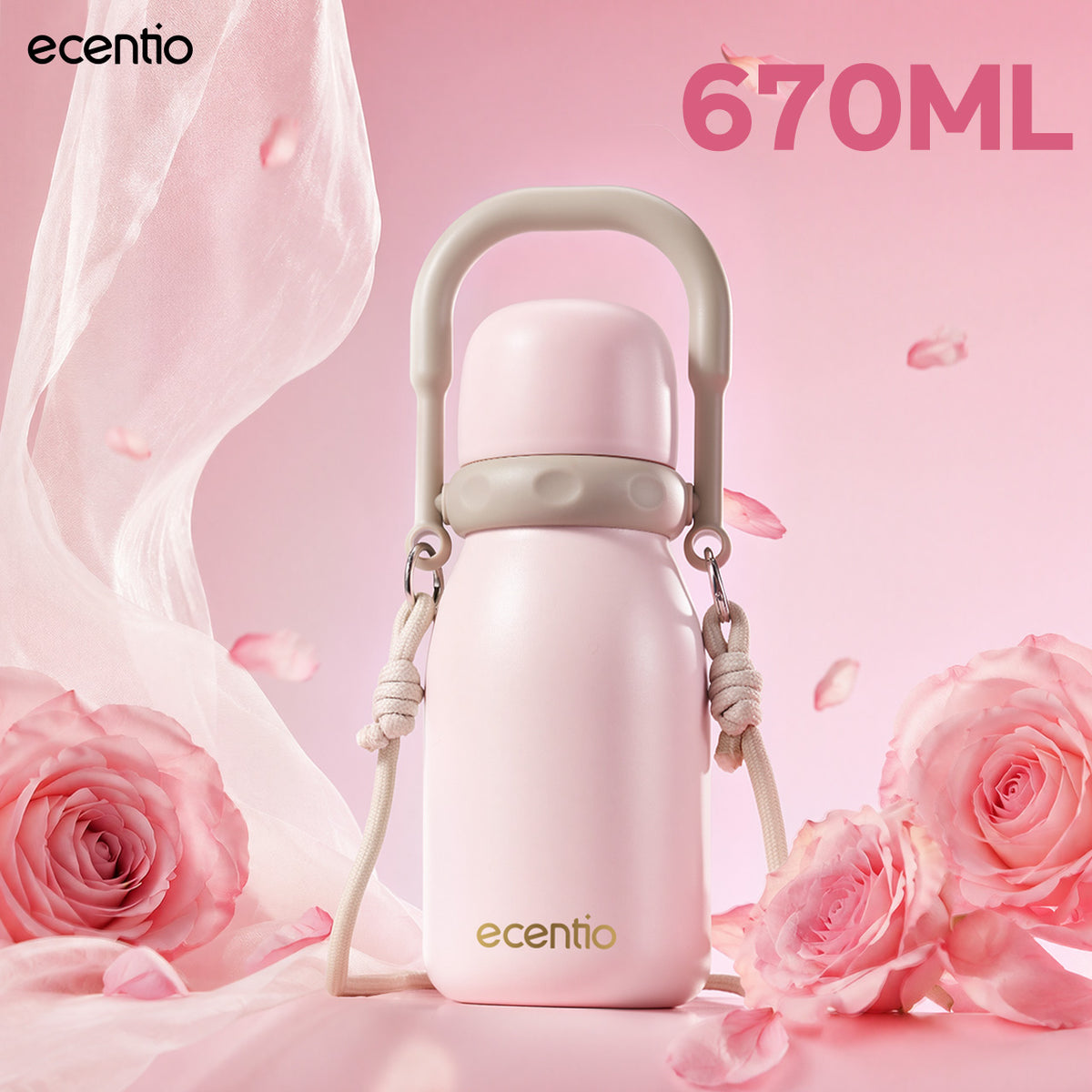 [Seri Dusty Blush Garden] ecentio Tumbler Stainless 304 Aesthetic 670ml/900ml/1200ml Portable Thermos Botol Minum Besar Dengan Tas Tahan Panas Dingin 24 Jam Aesthetic Lucu Termos Air Panas Kopi Dengan Sedotan Cocok Untuk Sekolah Anak Laki-Laki