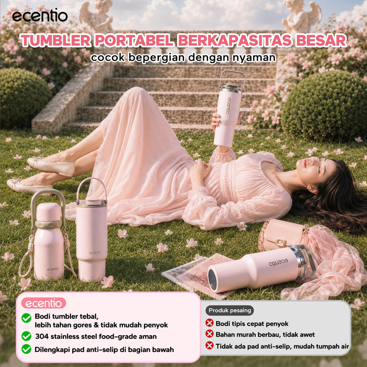[Seri Dusty Blush Garden] ecentio Tumbler Stainless 304 Aesthetic 670ml/900ml/1200ml Portable Thermos Botol Minum Besar Dengan Tas Tahan Panas Dingin 24 Jam Aesthetic Lucu Termos Air Panas Kopi Dengan Sedotan Cocok Untuk Sekolah Anak Laki-Laki