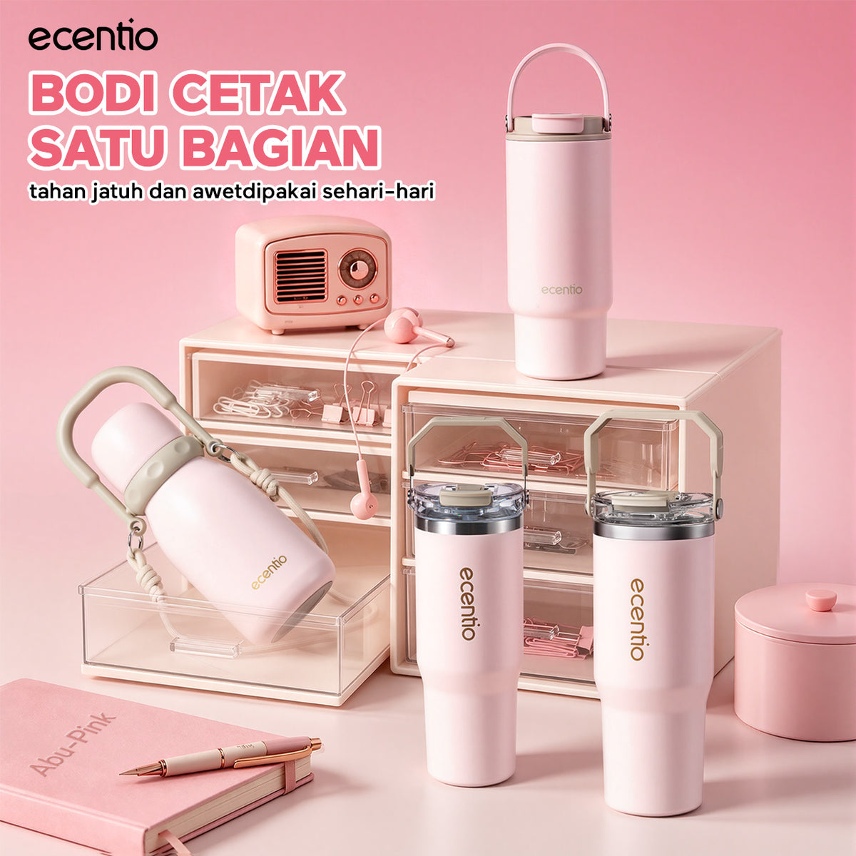 [Seri Dusty Blush Garden] ecentio Tumbler Stainless 304 Aesthetic 670ml/900ml/1200ml Portable Thermos Botol Minum Besar Dengan Tas Tahan Panas Dingin 24 Jam Aesthetic Lucu Termos Air Panas Kopi Dengan Sedotan Cocok Untuk Sekolah Anak Laki-Laki