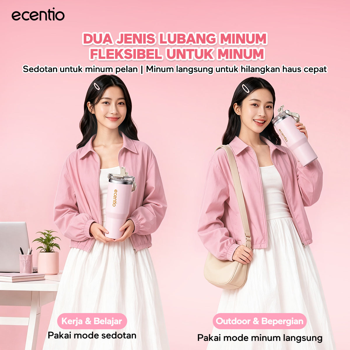 [Seri Dusty Blush Garden] ecentio Tumbler Stainless 304 Aesthetic 670ml/900ml/1200ml Portable Thermos Botol Minum Besar Dengan Tas Tahan Panas Dingin 24 Jam Aesthetic Lucu Termos Air Panas Kopi Dengan Sedotan Cocok Untuk Sekolah Anak Laki-Laki