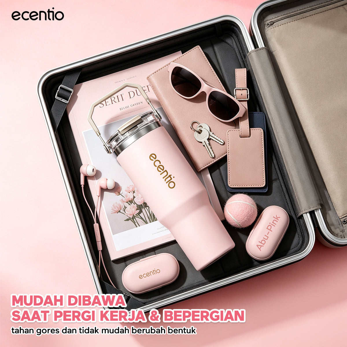 [Seri Dusty Blush Garden] ecentio Tumbler Stainless 304 Aesthetic 670ml/900ml/1200ml Portable Thermos Botol Minum Besar Dengan Tas Tahan Panas Dingin 24 Jam Aesthetic Lucu Termos Air Panas Kopi Dengan Sedotan Cocok Untuk Sekolah Anak Laki-Laki