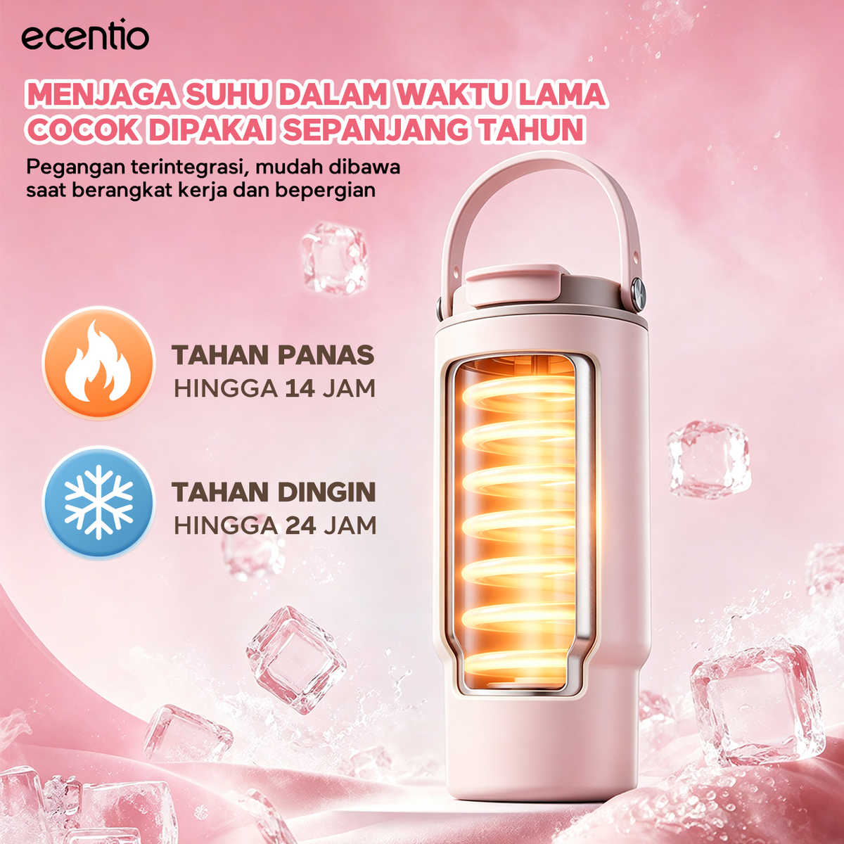 [Seri Dusty Blush Garden] ecentio Tumbler Stainless 304 Aesthetic 670ml/900ml/1200ml Portable Thermos Botol Minum Besar Dengan Tas Tahan Panas Dingin 24 Jam Aesthetic Lucu Termos Air Panas Kopi Dengan Sedotan Cocok Untuk Sekolah Anak Laki-Laki