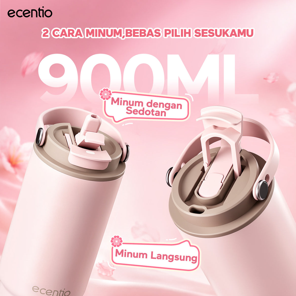 [Seri Dusty Blush Garden] ecentio Tumbler Stainless 304 Aesthetic 670ml/900ml/1200ml Portable Thermos Botol Minum Besar Dengan Tas Tahan Panas Dingin 24 Jam Aesthetic Lucu Termos Air Panas Kopi Dengan Sedotan Cocok Untuk Sekolah Anak Laki-Laki