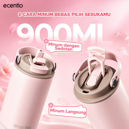 [Seri Dusty Blush Garden] ecentio Tumbler Stainless 304 Aesthetic 670ml/900ml/1200ml Portable Thermos Botol Minum Besar Dengan Tas Tahan Panas Dingin 24 Jam Aesthetic Lucu Termos Air Panas Kopi Dengan Sedotan Cocok Untuk Sekolah Anak Laki-Laki