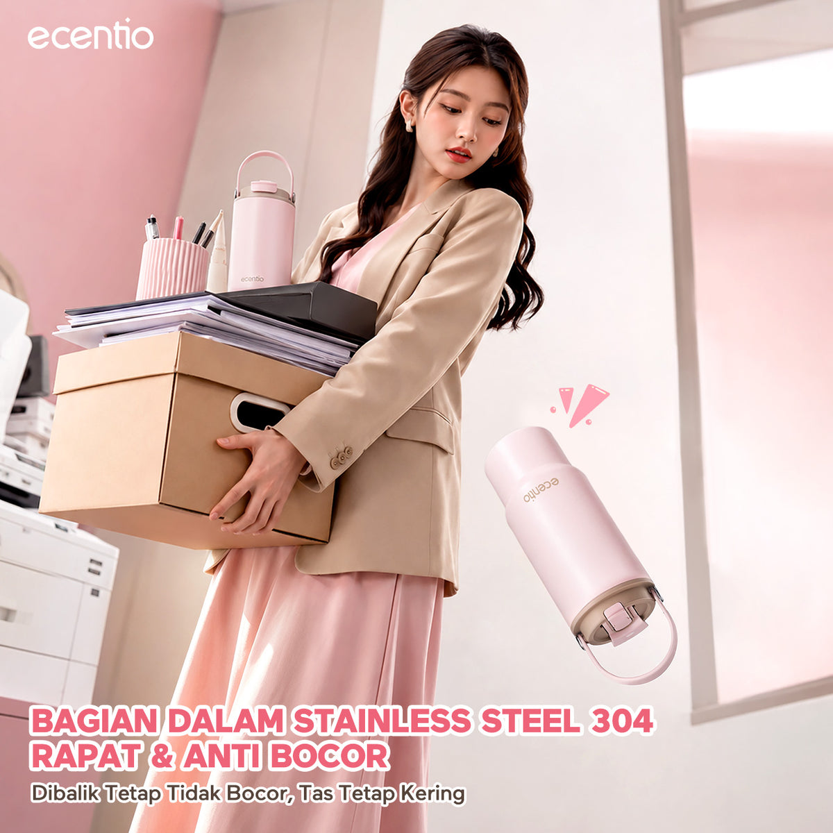 [Seri Dusty Blush Garden] ecentio Tumbler Stainless 304 Aesthetic 670ml/900ml/1200ml Portable Thermos Botol Minum Besar Dengan Tas Tahan Panas Dingin 24 Jam Aesthetic Lucu Termos Air Panas Kopi Dengan Sedotan Cocok Untuk Sekolah Anak Laki-Laki