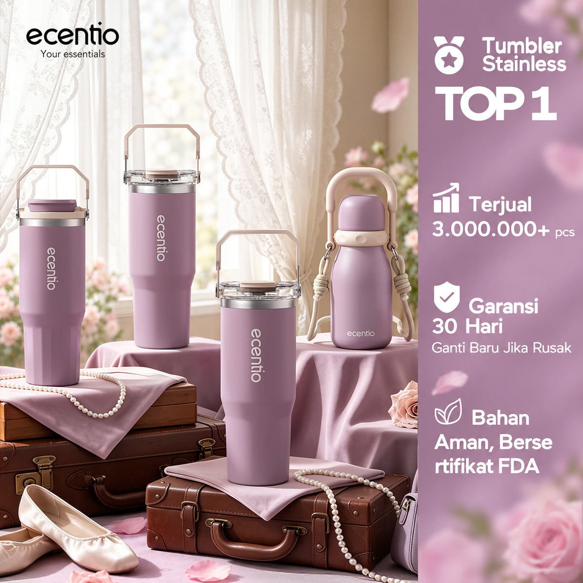 [Mauve Mist Series] ecentio Tumbler 670ml/900ml Desain Minimalis Elegan Botol Minum Portable Aesthetic Lucu Thermos Tahan Panas Dingin 24 Jam Anti Bocor Premium Sedotan Cocok Untuk Sekolah Anak Laki-Laki
