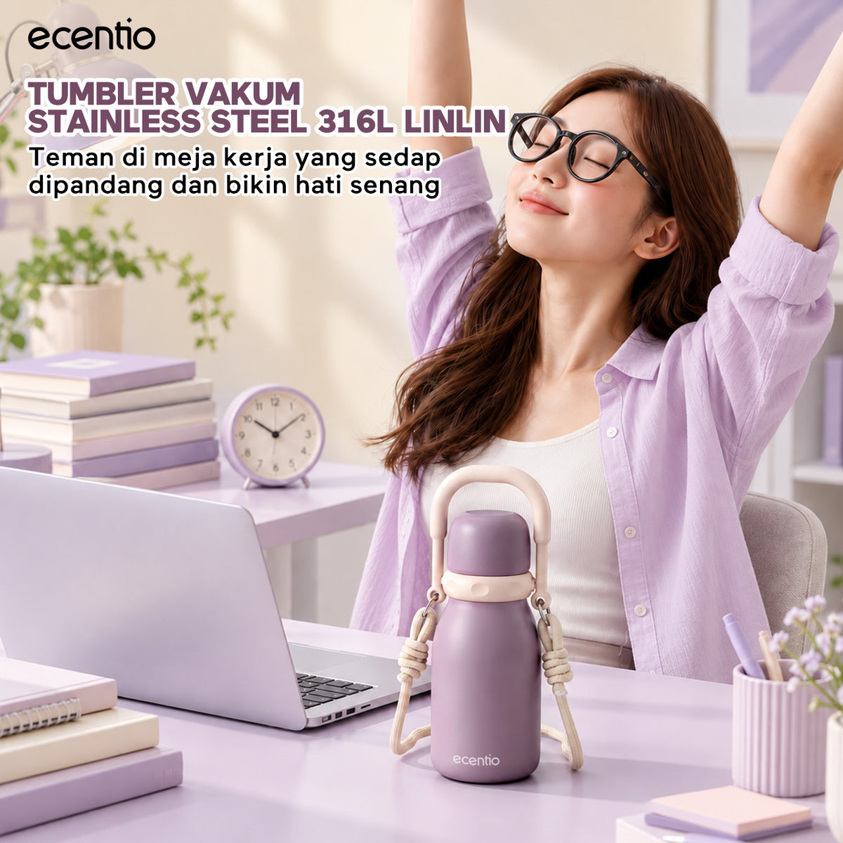 [Mauve Mist Series] ecentio Tumbler 670ml/900ml Desain Minimalis Elegan Botol Minum Portable Aesthetic Lucu Thermos Tahan Panas Dingin 24 Jam Anti Bocor Premium Sedotan Cocok Untuk Sekolah Anak Laki-Laki