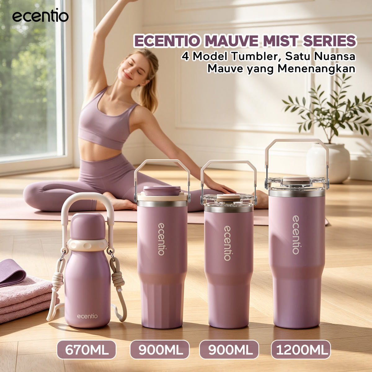 [Mauve Mist Series] ecentio Tumbler 670ml/900ml Desain Minimalis Elegan Botol Minum Portable Aesthetic Lucu Thermos Tahan Panas Dingin 24 Jam Anti Bocor Premium Sedotan Cocok Untuk Sekolah Anak Laki-Laki